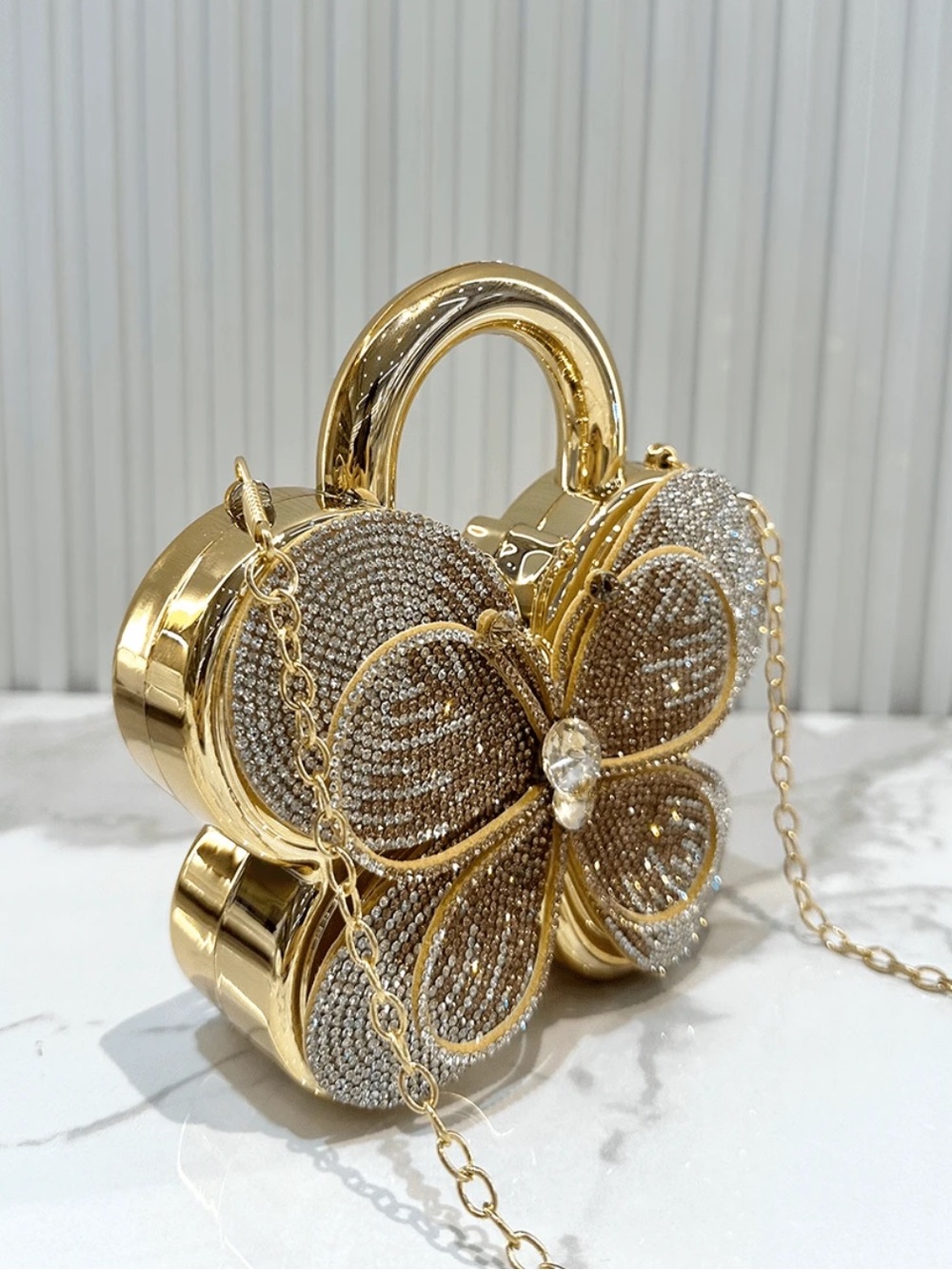 Lokai Gold Floral Crystal Clutch with Chain Strap
